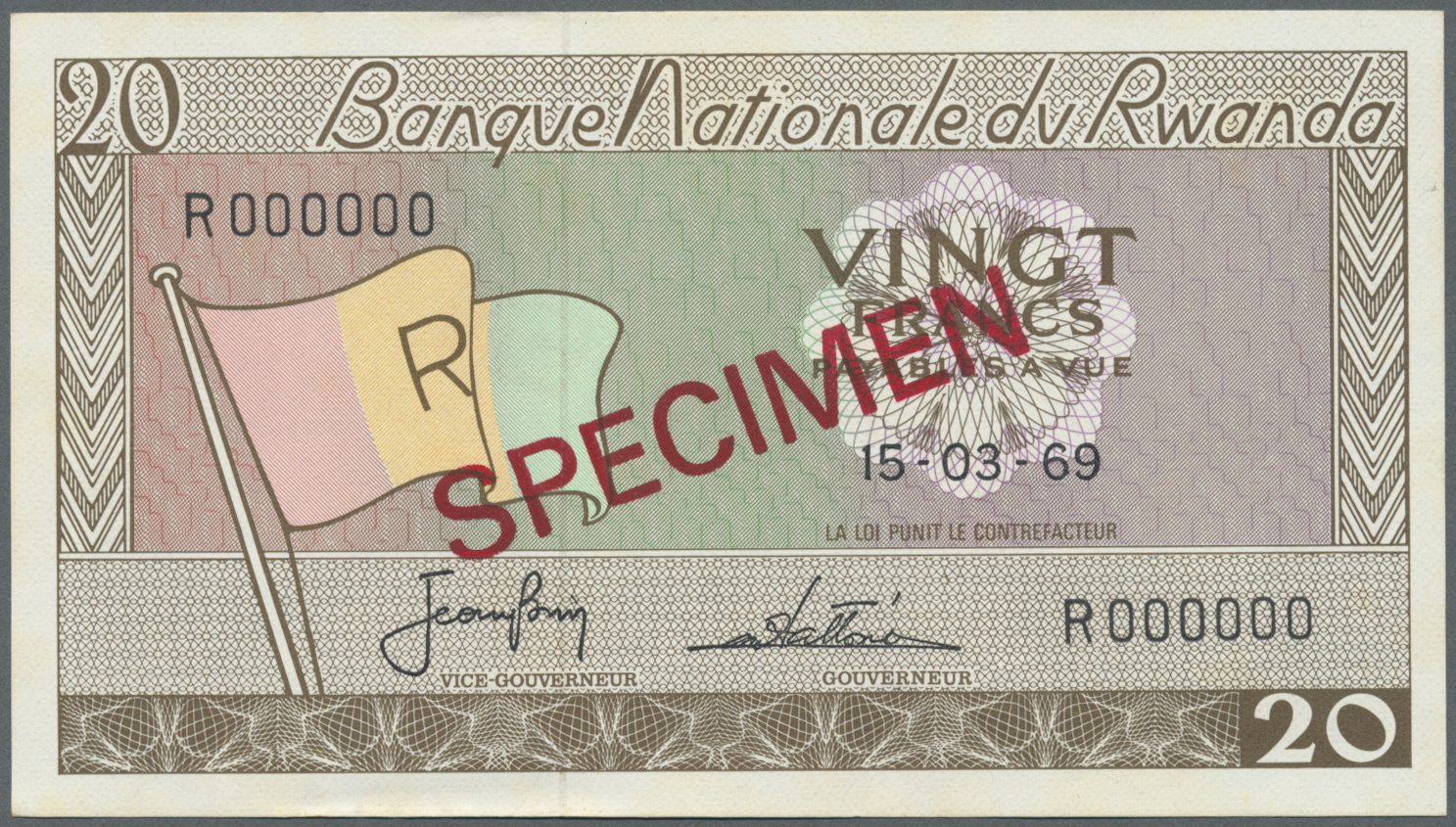 02824 Rwanda / Ruanda: Set Of 2 Specimen Notes Of 20 Francs 1969 & 1971 P. 6as, 6cs In Condition UNC And AUNC. (2 Pcs) - Rwanda