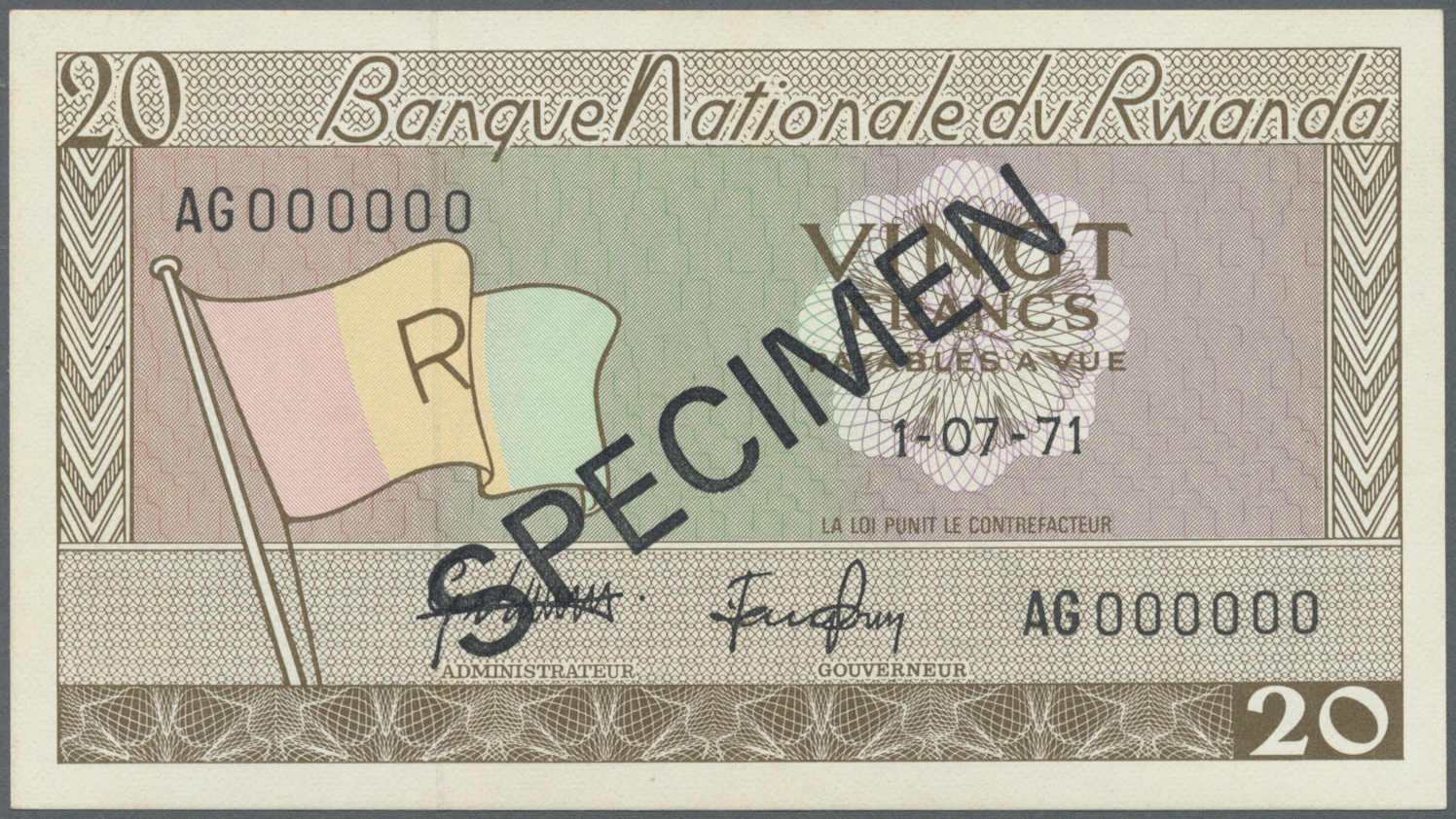 02824 Rwanda / Ruanda: Set Of 2 Specimen Notes Of 20 Francs 1969 & 1971 P. 6as, 6cs In Condition UNC And AUNC. (2 Pcs) - Rwanda