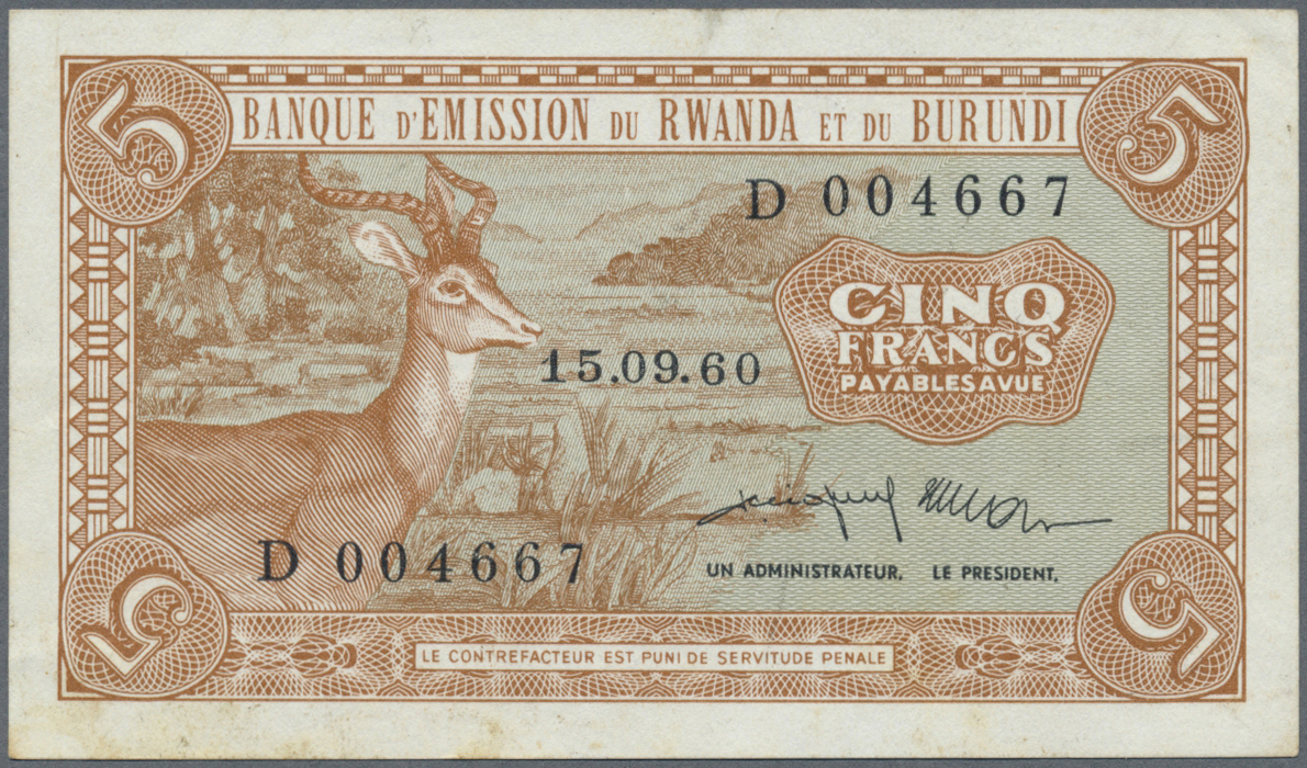 02827 Rwanda-Burundi / Ruanda-Burundi: 5 Francs 1960 P. 1, Unfolded And Crisp, Light Corner Bend At Upper Right, Light S - Ruanda-Urundi