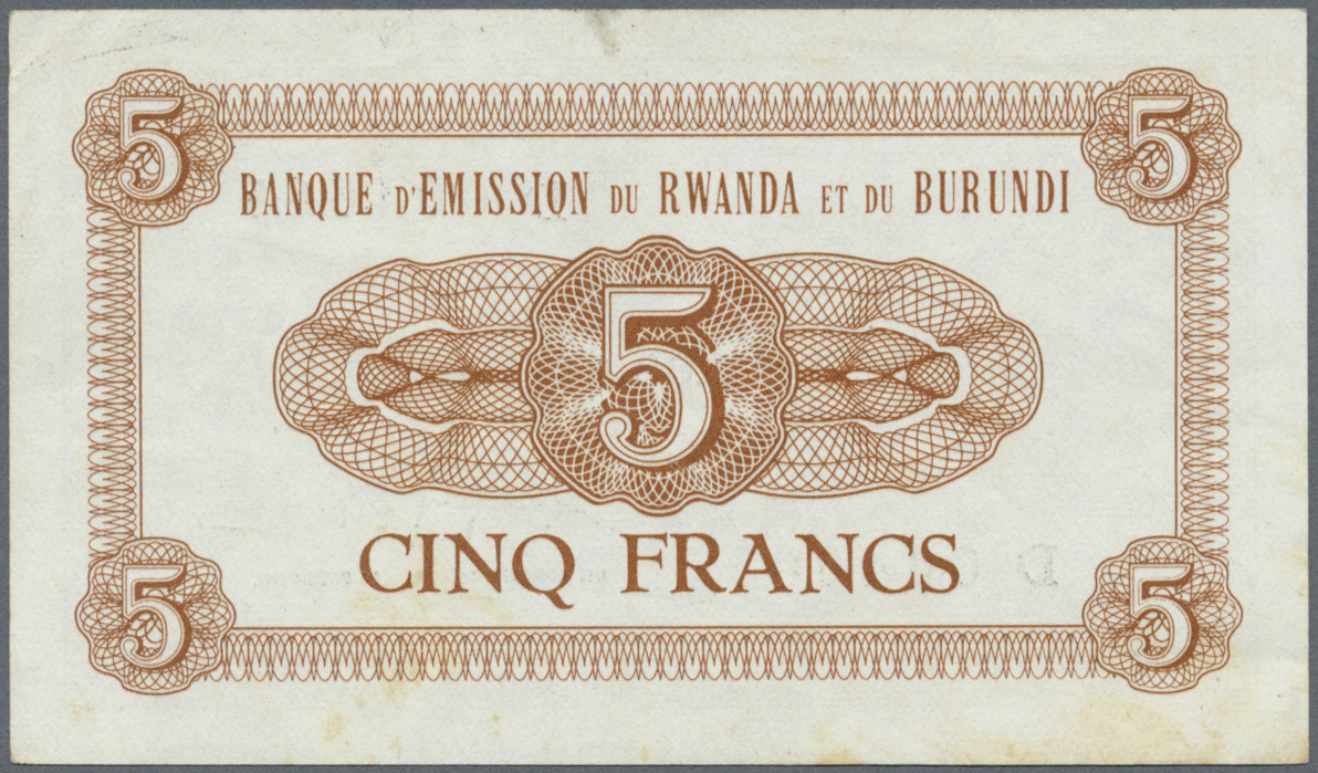 02827 Rwanda-Burundi / Ruanda-Burundi: 5 Francs 1960 P. 1, Unfolded And Crisp, Light Corner Bend At Upper Right, Light S - Ruanda-Urundi