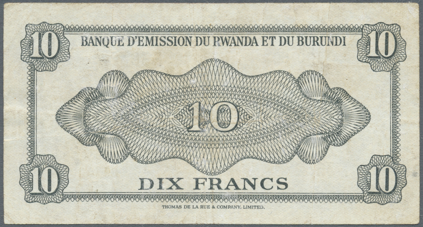 02828 Rwanda-Burundi / Ruanda-Burundi: 10 Francs 1960 P. 2, Washed And Pressed But Without Holes Or Tears, Condition: F- - Ruanda-Urundi