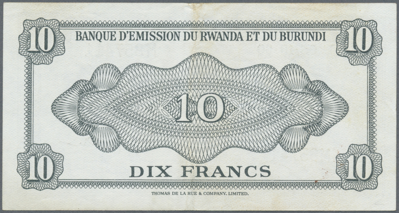 02829 Rwanda-Burundi / Ruanda-Burundi: 10 Francs 1960 P. 2 With Only A Light Center Bend, Condition: XF+. - Ruanda-Urundi