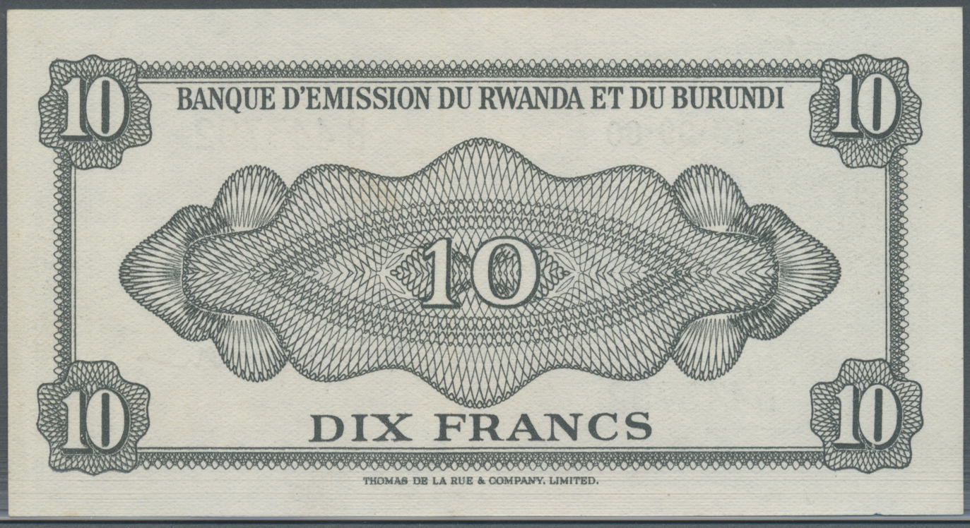 02830 Rwanda-Burundi / Ruanda-Burundi: 10 Francs 1960 P. 2a, Light Center Fold, Otherwise Perfect, Condition: XF+. - Ruanda-Urundi