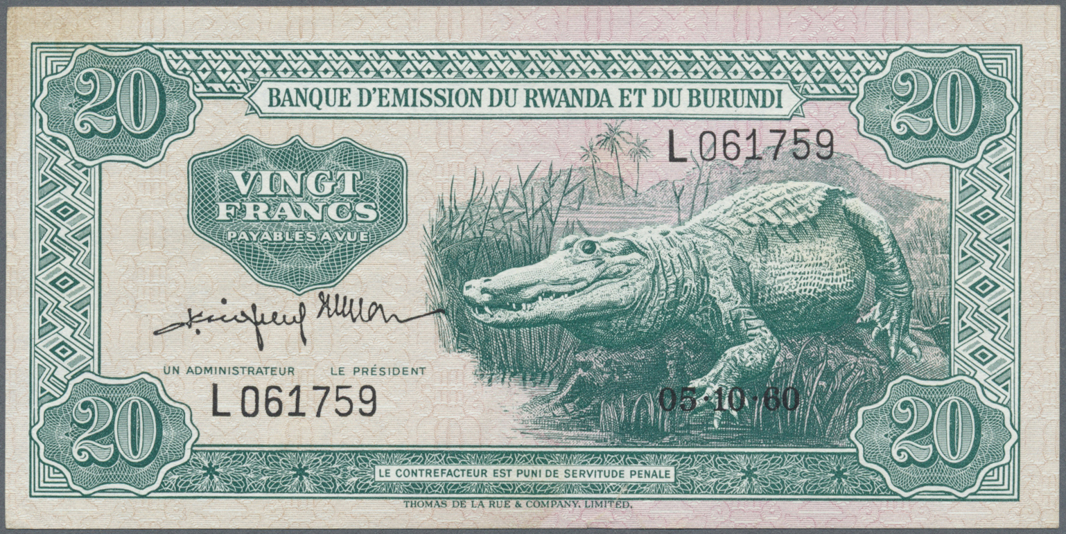 02832 Rwanda-Burundi / Ruanda-Burundi: 20 Francs 1960 P. 3 In Exceptional Condition, Unfolded, Only A 4mm Tear At Lower - Ruanda-Urundi