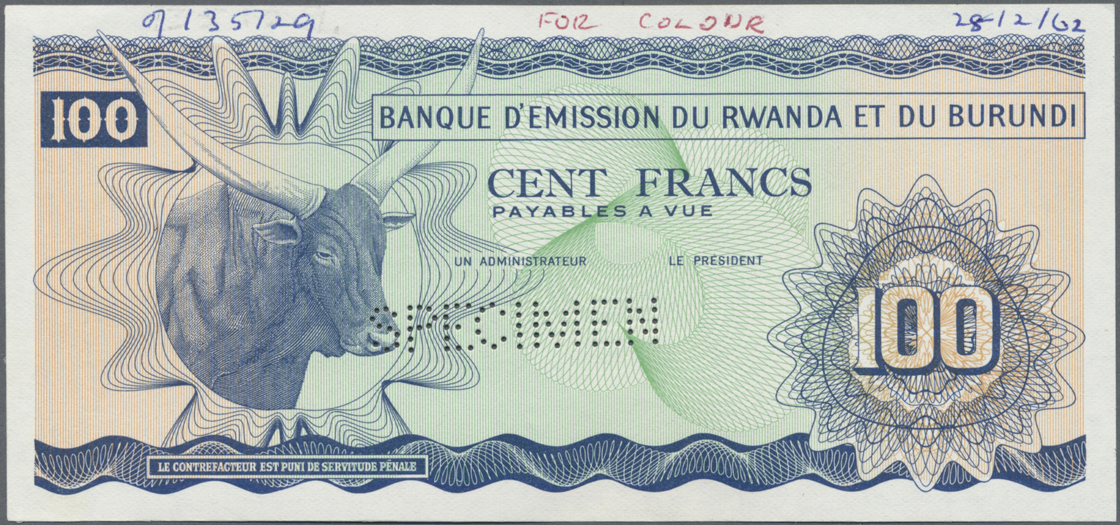 02833 Rwanda-Burundi / Ruanda-Burundi: 100 Francs ND(1962) SPECIMEN P. 5s With "Specimen" Perforation, Printed Without S - Ruanda-Urundi