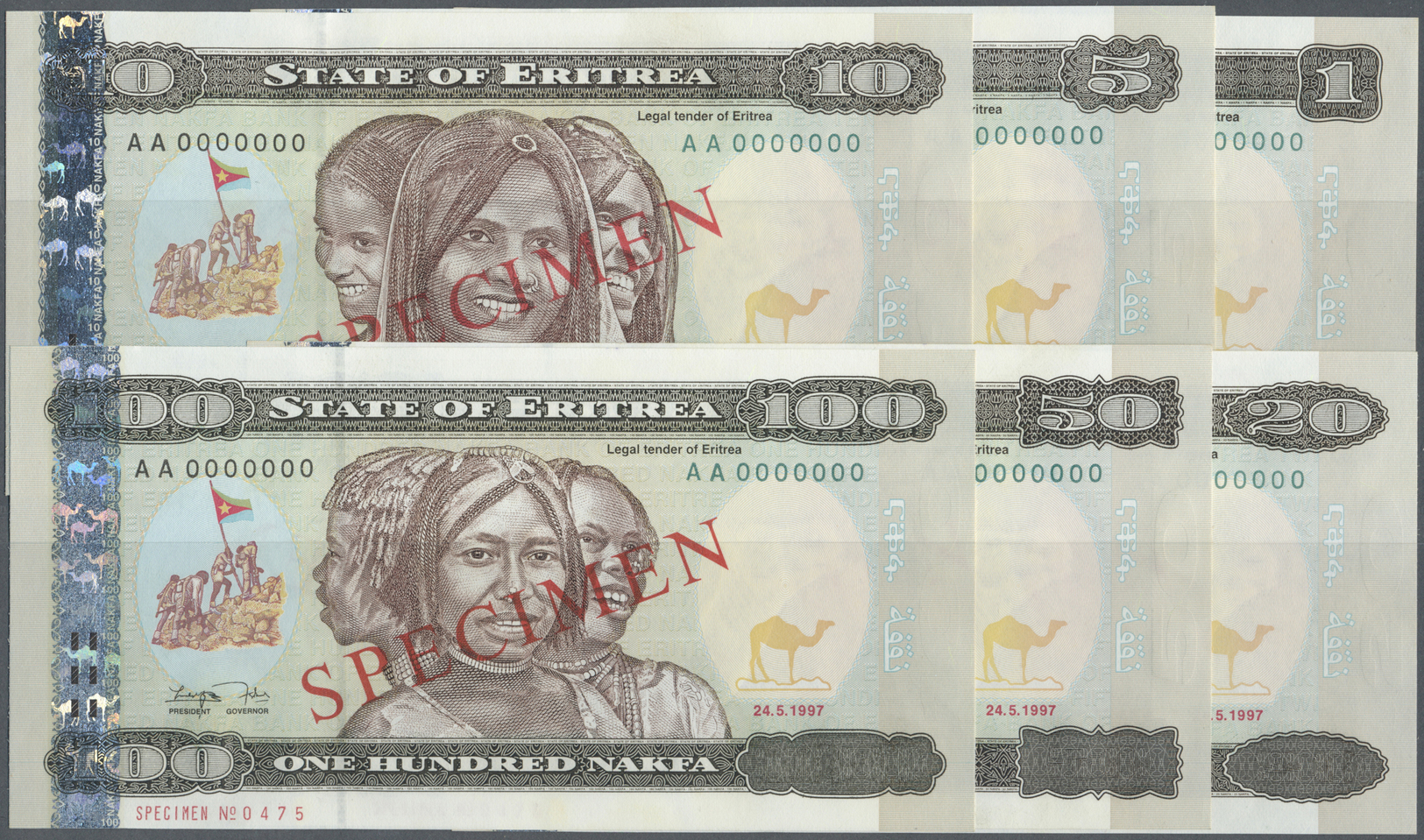 00723 Eritrea: Set Of 6 SPECIMEN Banknotes Eritrea From 1 To 100 Nakfa 1997 P. 1s To 6s, All With Zero Serial Numbers, I - Eritrea