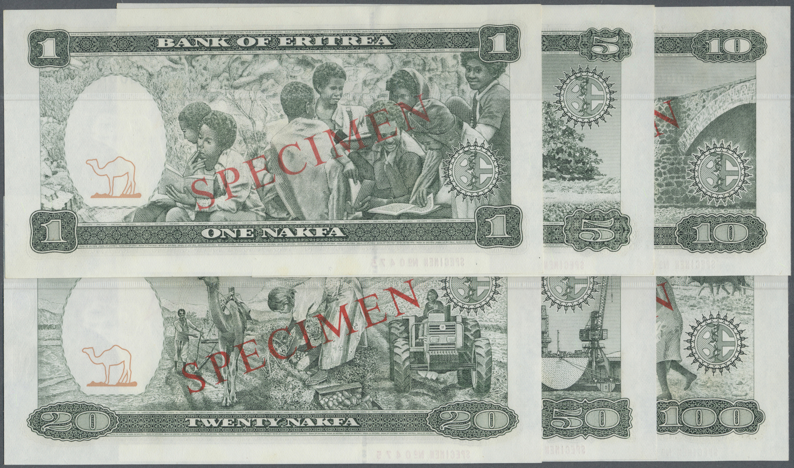 00723 Eritrea: Set Of 6 SPECIMEN Banknotes Eritrea From 1 To 100 Nakfa 1997 P. 1s To 6s, All With Zero Serial Numbers, I - Eritrea