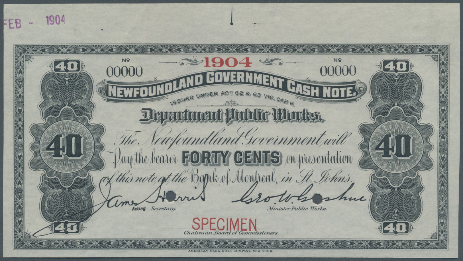 01847 Newfoundland / Neufundland: 40 Cents ND Specimen P. A4s With Small Red "Specimen" Overprint At Lower Border, Large - Canada