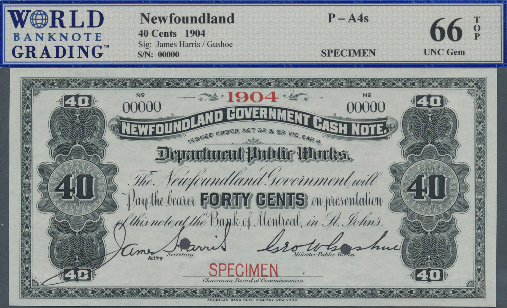 01848 Newfoundland / Neufundland: 40 Cents 1904 Specimen P. A4s With Zero Serial Numbers And Specimen Overprint, Conditi - Canada