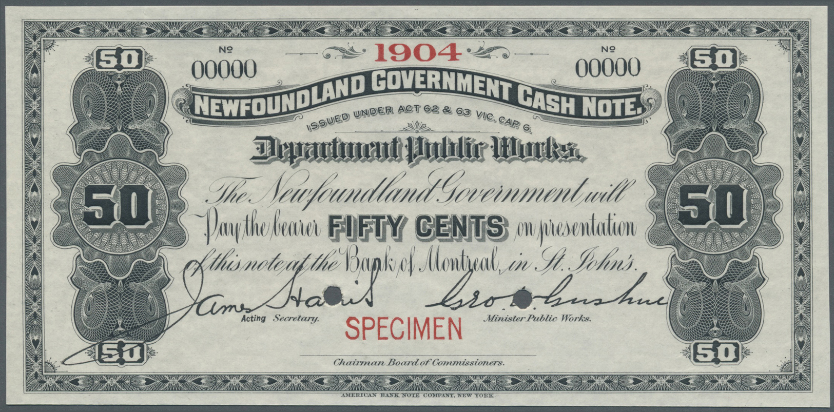 01849 Newfoundland / Neufundland: 50 Cents ND Specimen P. A5s With Small Red "Specimen" Overprint At Lower Border, Large - Canada