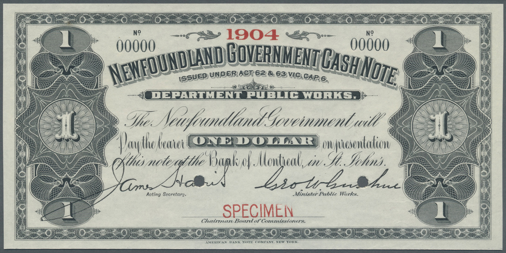 01851 Newfoundland / Neufundland: 1 Dollar ND Specimen P. A7s With Small Red "Specimen" Overprint At Lower Border, Large - Canada