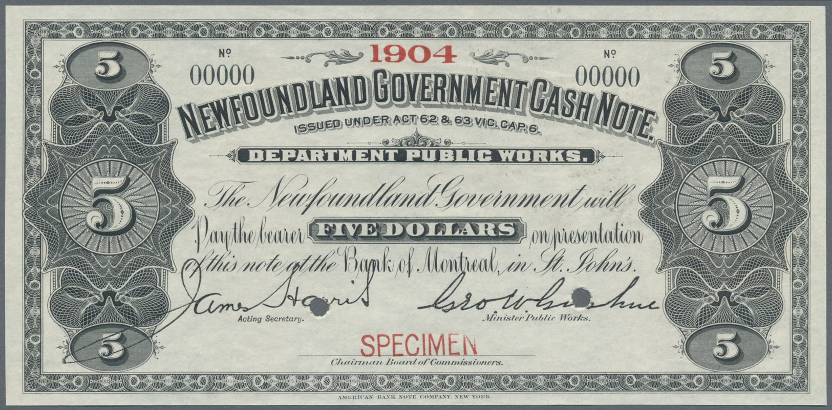 01852 Newfoundland / Neufundland: 5 Dollars ND Specimen P. A8s With Small Red "Specimen" Overprint At Lower Border, Larg - Canada