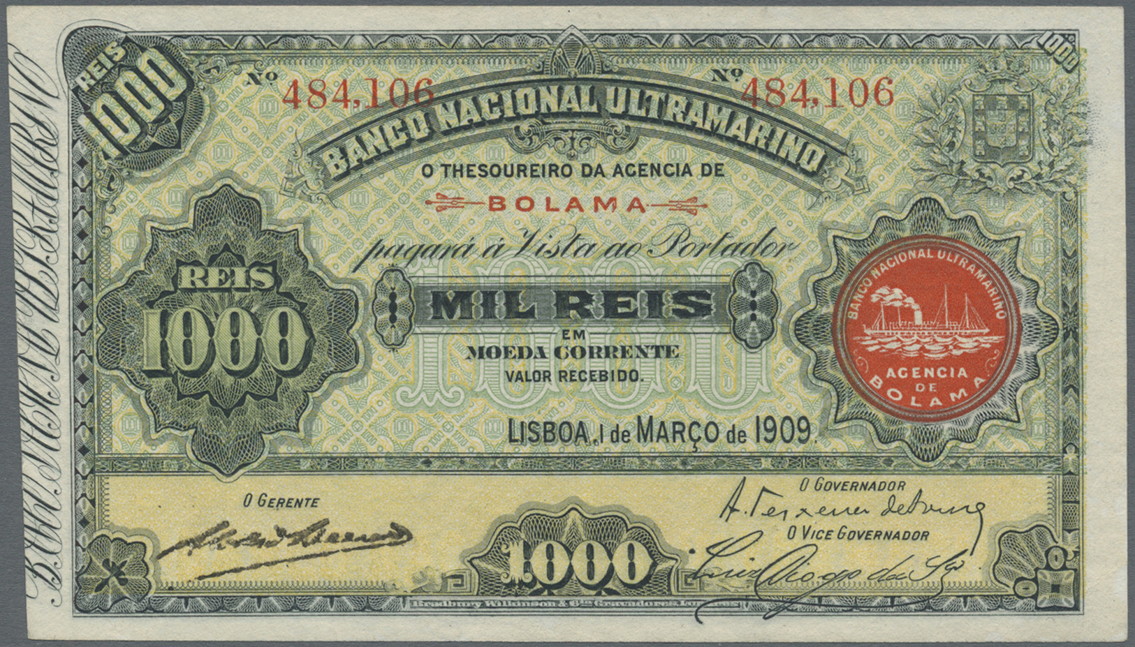 02015 Portuguese Guinea  / Portugiesisch Guinea: 1000 Reis 1909 P. 1A, Light Handling In Paper, Condition: XF+. - Guinea