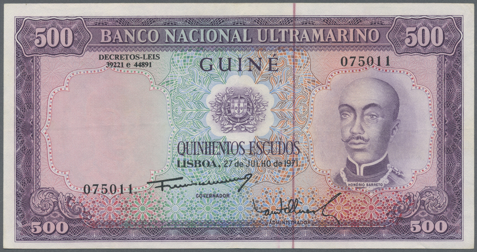 02018 Portuguese Guinea  / Portugiesisch Guinea: 500 Escudos 1971, P.43, Very Nice Looking Note With Bright Colors And C - Guinea