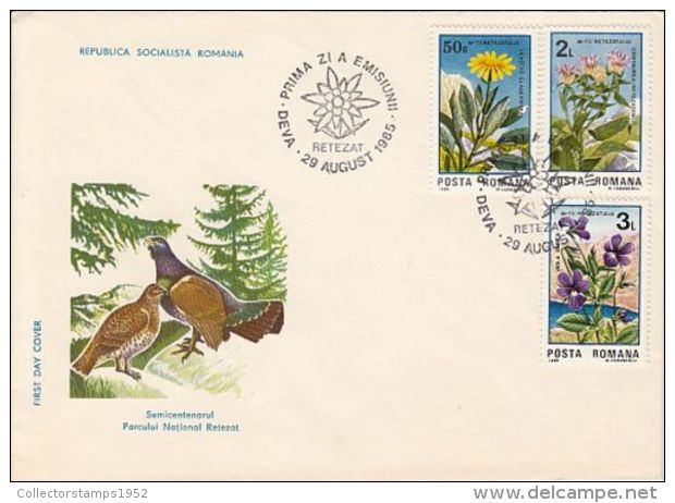 65146- BLAK GROUSE, GREY PARTRIDGE, FLOWERS, BIRDS, RETEZAT NATIONAL PARK, COVER FDC, 1985, ROMANIA - Pernice, Quaglie