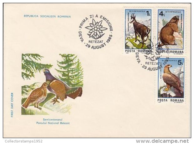 65147- BLAK GROUSE, GREY PARTRIDGE, CHAMOIS, MARMOT, EAGLE, BIRDS, RETEZAT NATIONAL PARK, COVER FDC, 1985, ROMANIA - Perdiz Pardilla & Colín