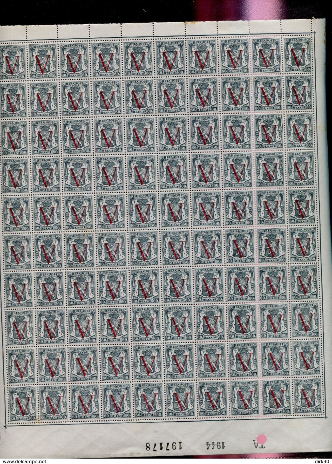 Belgie 1944 670/73 Liberation Heraldieke Leeuw Full sheet of 100 OCB++60&euro; + Luppi(roestvlekjes zie scans)