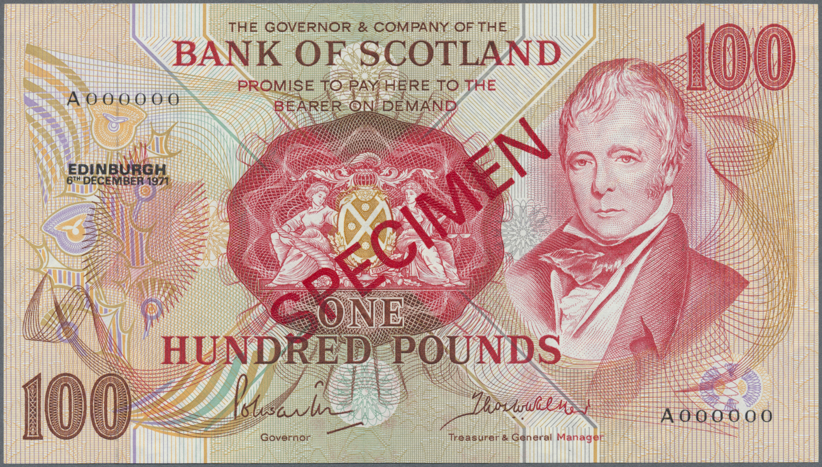 02850 Scotland / Schottland: 100 Pounds 1971 Specimen P. 115as, Zero Serial Numbers, Red Specimen Overprint, Light Dints - Autres & Non Classés