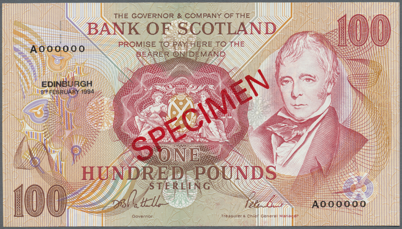 02853 Scotland / Schottland: 100 Pounds 1984 Specimen P. 118As, One Light Dint At Right, Condition: AUNC. - Autres & Non Classés