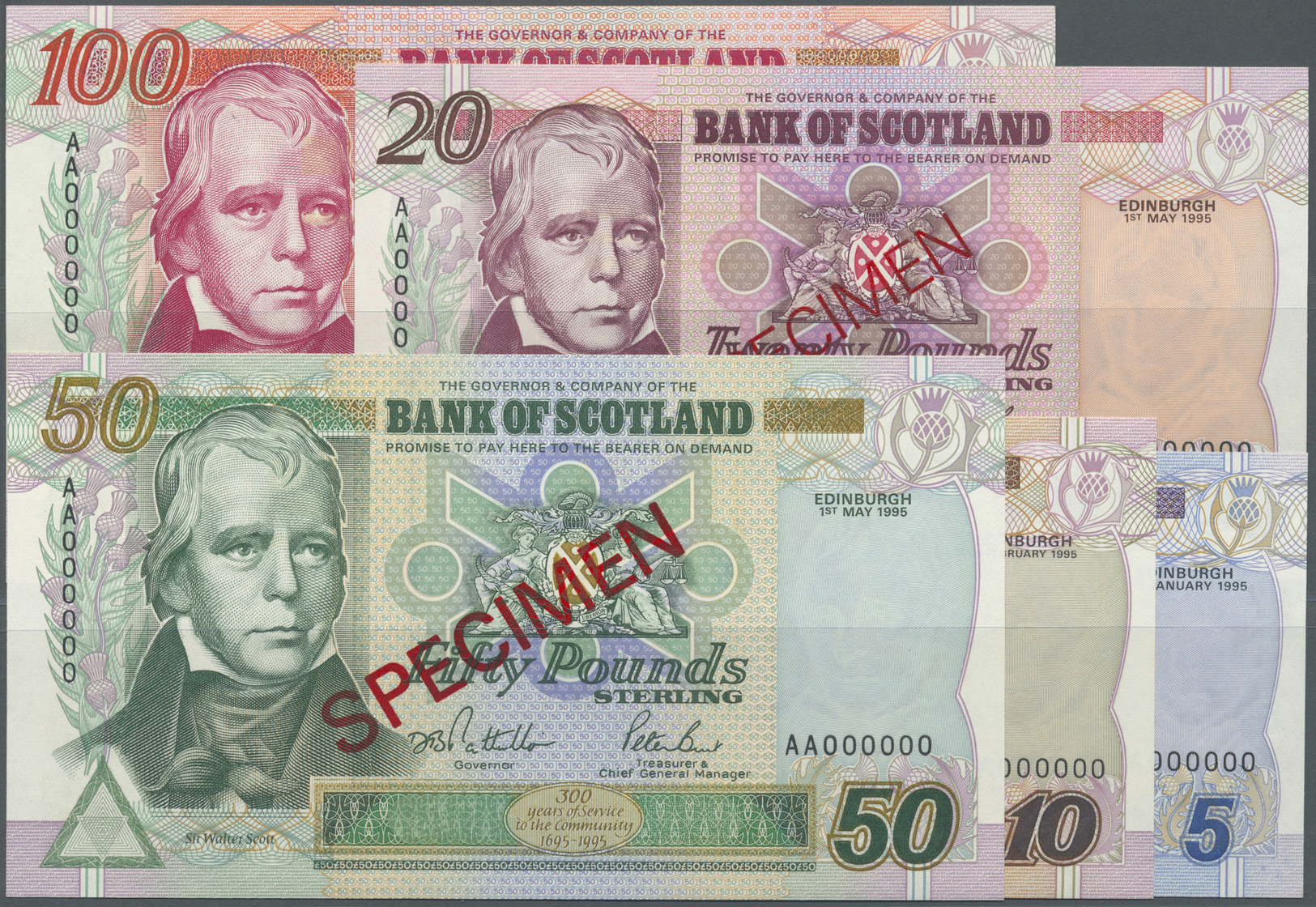 02854 Scotland / Schottland: Complete Set Of 5 Specimen From 5 To 100 Pounds 1995 P. 119s-123s In Condition: UNC. (5 Pcs - Autres & Non Classés