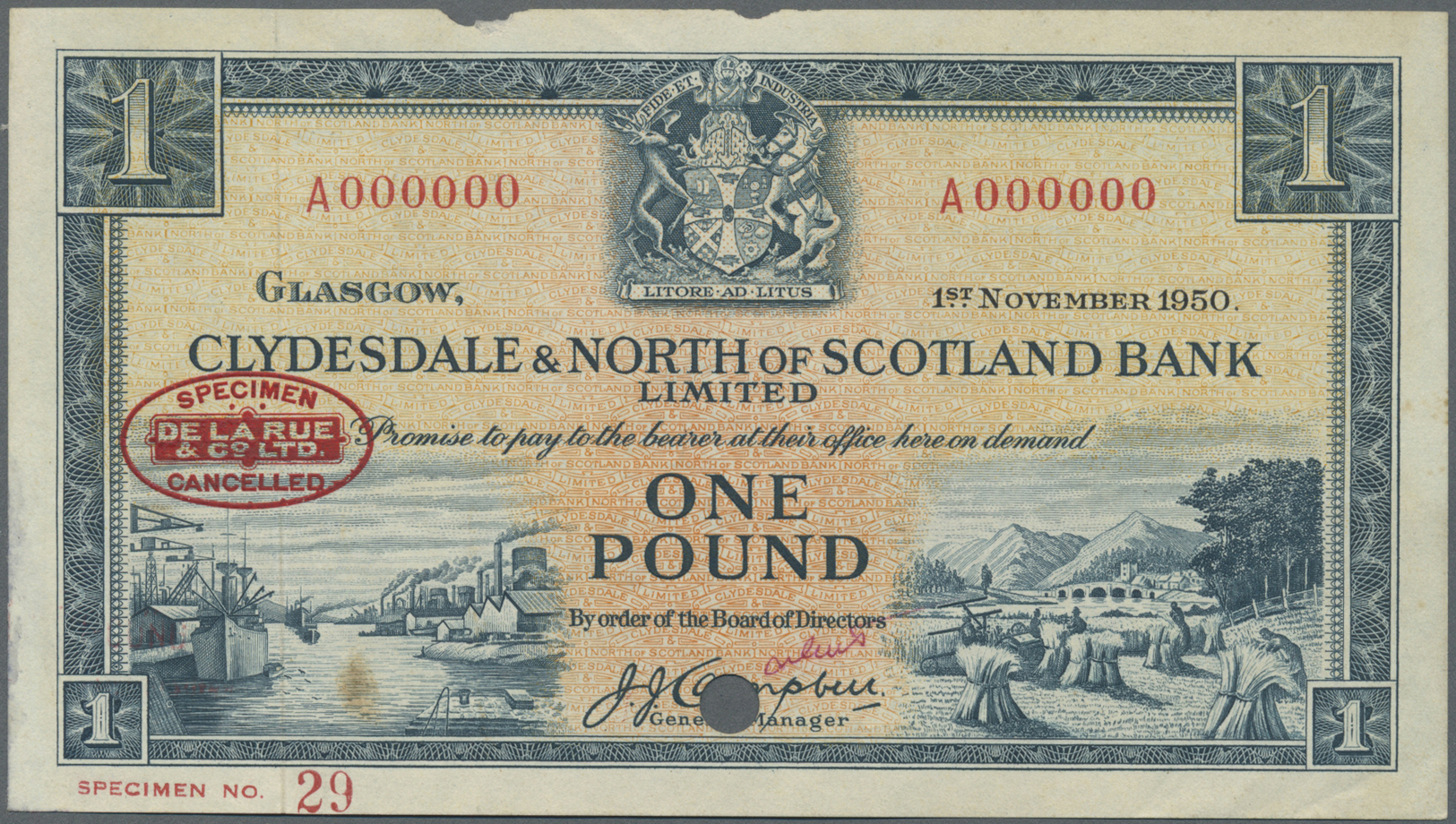 02858 Scotland / Schottland: Clydesdale & North Of Scotland Bank Limited 1 Pound 1950 Specimen P. 191s, Unfolded, 2 Spli - Autres & Non Classés