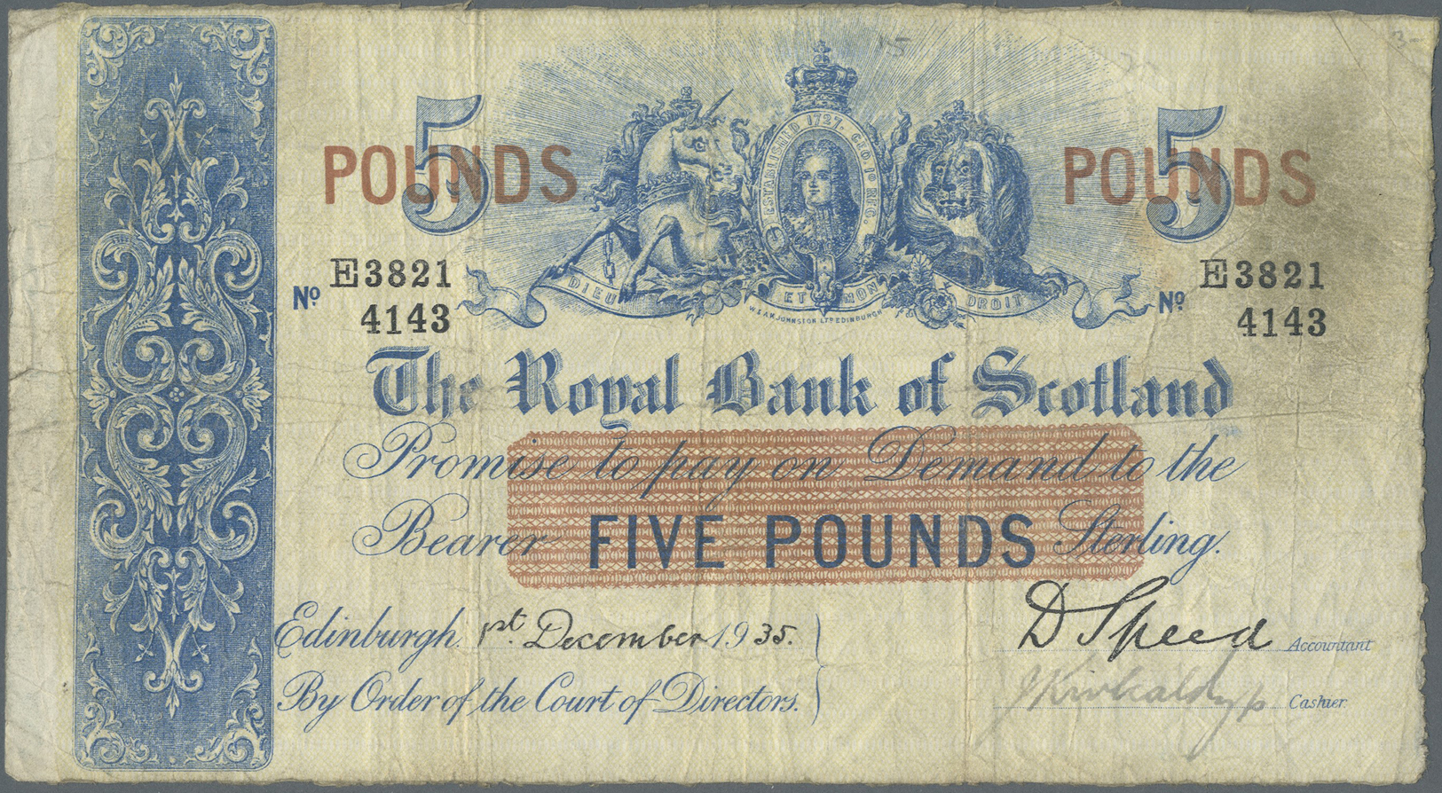 02866 Scotland / Schottland: 5 Pounds 1935 P. S317b. This Large Size Note Is Used With Several Folds In Paper But No Hol - Autres & Non Classés