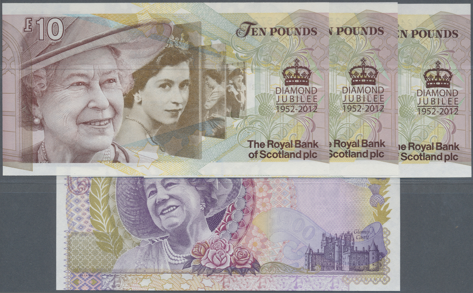 02874 Scotland / Schottland: Set Of 4 Notes Containing 3x 10 Pounds 2012 "Diamond Jubilee" Commemorative P. 368 And 1x 2 - Autres & Non Classés