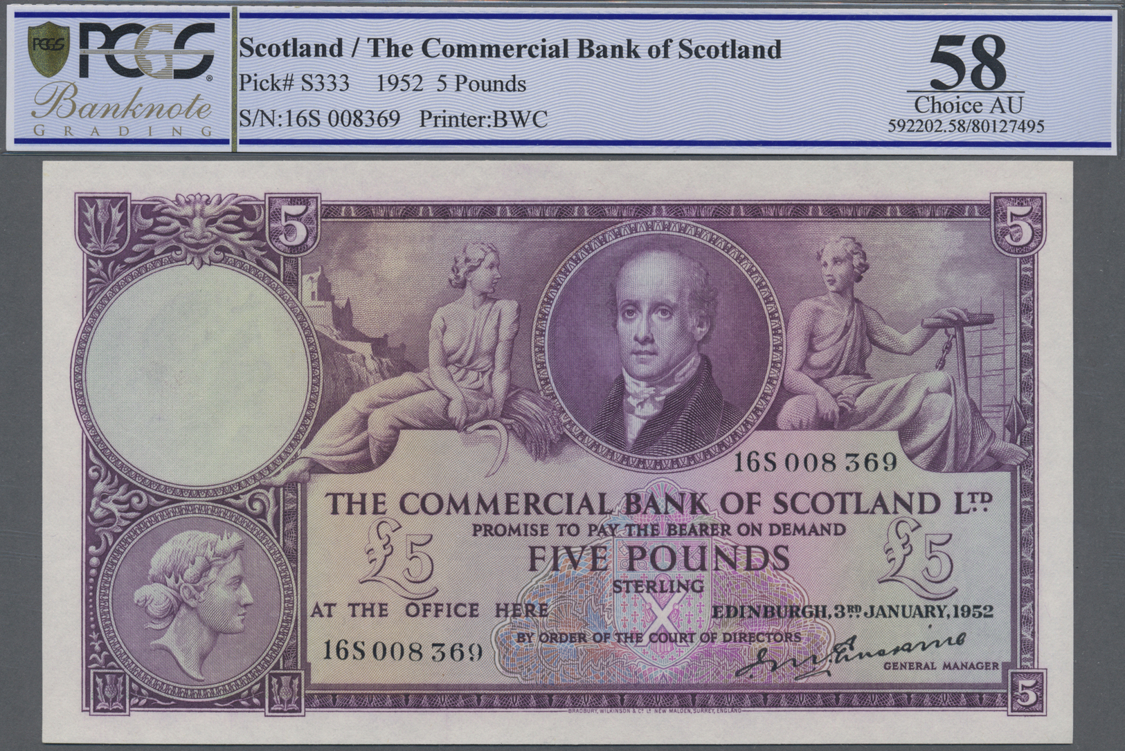 02876 Scotland / Schottland: The Commercial Bank Of Scotland 5 Pounds 1952, P.S333 In Excellent, Almost Perfect Conditio - Autres & Non Classés