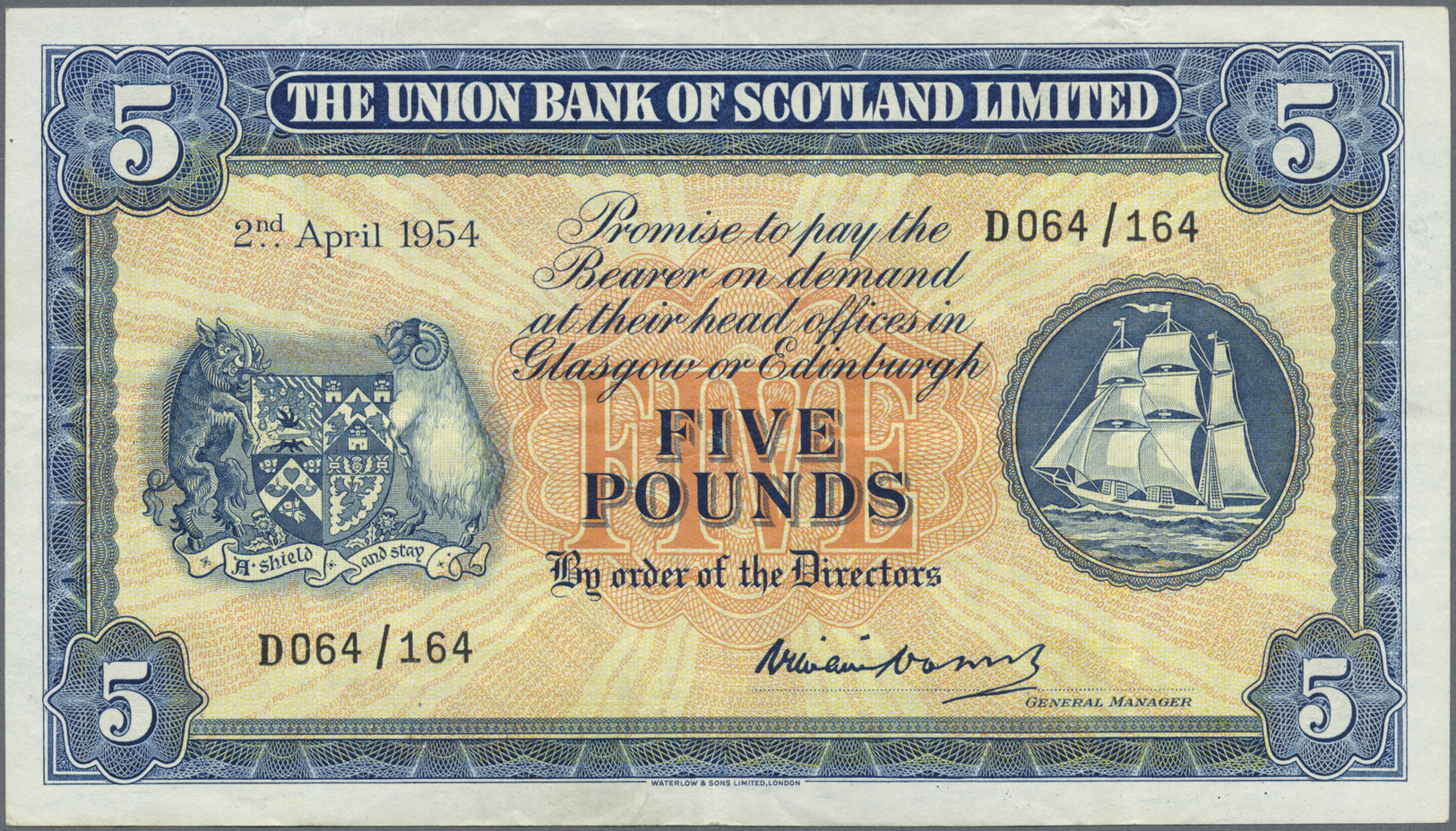 02878 Scotland / Schottland: 5 Pounds 1954 P. S817b, Light Vertical Folds, No Holes Or Tears, Still Crispness In Paper, - Autres & Non Classés