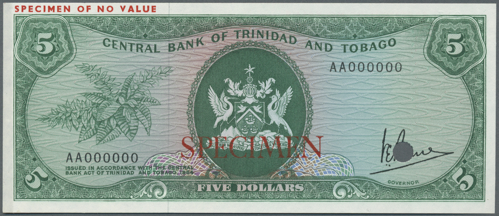 03107 Trinidad & Tobago: 5 Dollars ND(1977) Specimen P. 31s, Zero Serial Numbers And Specimen Overprint, Cancellation Ho - Trinité & Tobago