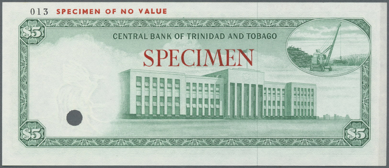 03107 Trinidad & Tobago: 5 Dollars ND(1977) Specimen P. 31s, Zero Serial Numbers And Specimen Overprint, Cancellation Ho - Trinité & Tobago