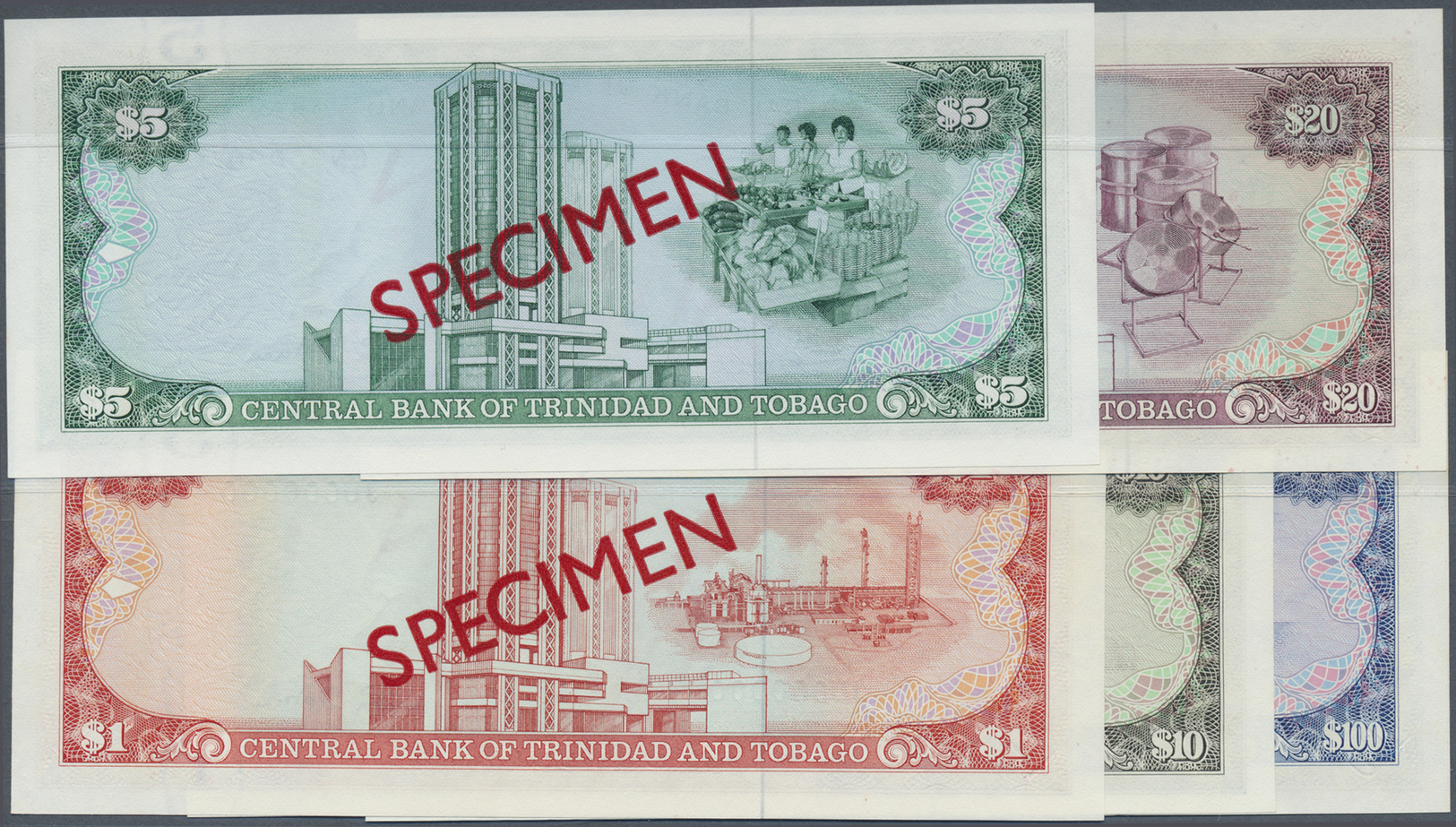 03109 Trinidad & Tobago: Set Of 5 Different SPECIMEN Banknotes Containing 1, 5, 10, 20 And 100 Dollars ND P. 36s-40s, Th - Trinité & Tobago