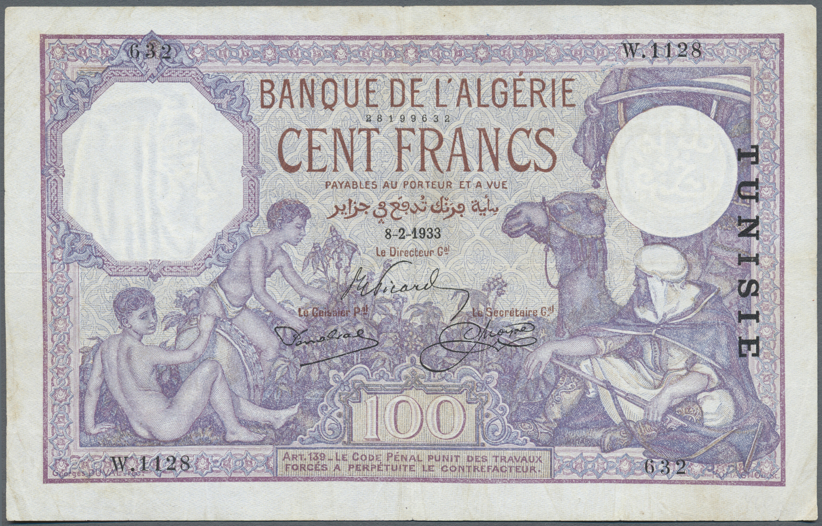 03111 Tunisia / Tunisien: 100 Francs 1933 P. 10b, Used With Folds, Pressed, Very Light Staining, No Holes, No Tears, Sti - Tunisie