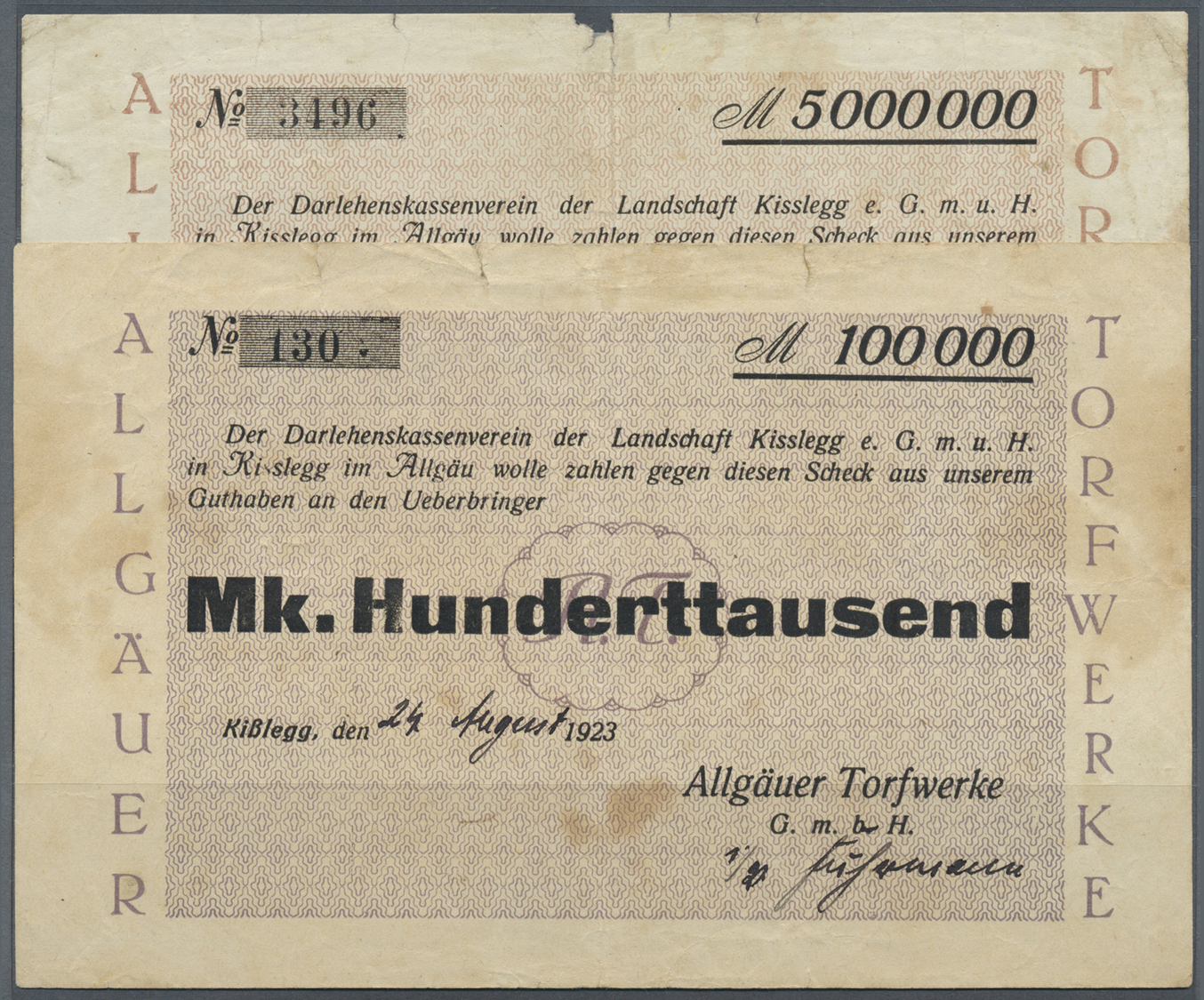 04298 Deutschland - Notgeld - Württemberg: Kisslegg, Allgäuer Torfwerke GmbH, 100 Tsd. Mark, 24.8. (hschr.), 5 Mio. Mark - [11] Local Banknote Issues