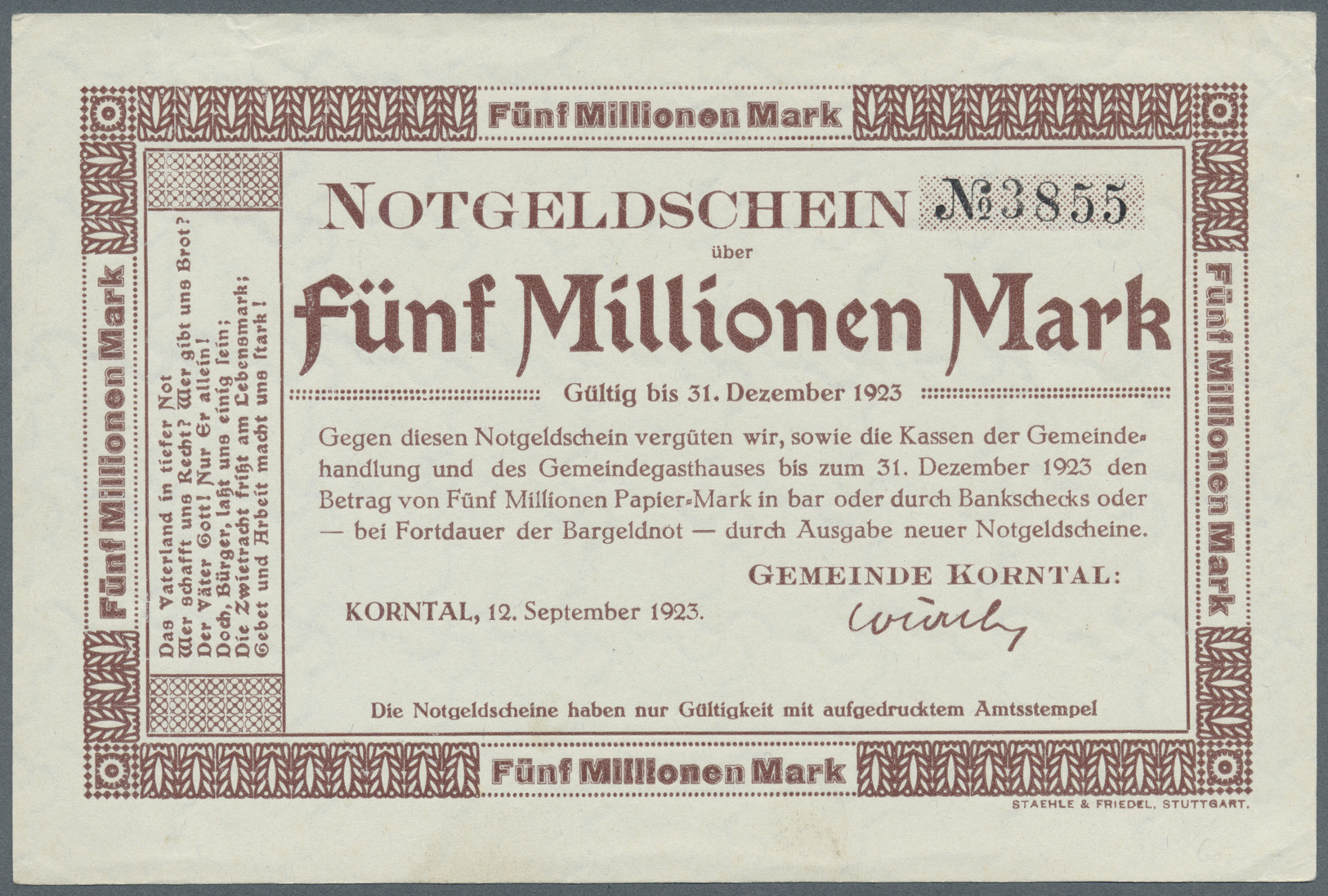 04299 Deutschland - Notgeld - Württemberg: Korntal, Gemeinde, 5, 10 Mio. Mark, 12.9.1923, Erh. II, Total 2 Scheine - [11] Emissions Locales
