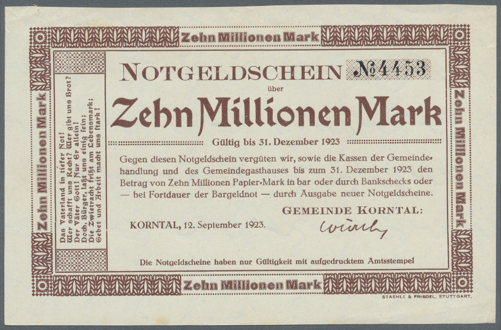 04299 Deutschland - Notgeld - Württemberg: Korntal, Gemeinde, 5, 10 Mio. Mark, 12.9.1923, Erh. II, Total 2 Scheine - [11] Emissions Locales