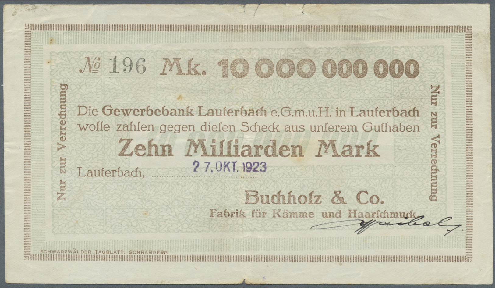 04302 Deutschland - Notgeld - Württemberg: Lauterbach, Buchholz & Co., 1 Mrd., 25.10.1923, Erh. IV; 10 Mrd., 27.10.1923, - [11] Emissions Locales