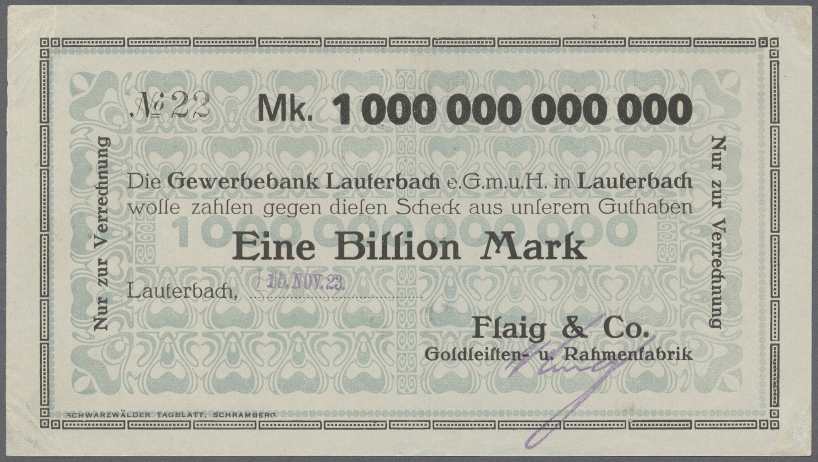 04303 Deutschland - Notgeld - Württemberg: Lauterbach, Flaig & Co., 1 Billion Mark, 15.11.1923, Erh. I-II - Lokale Ausgaben