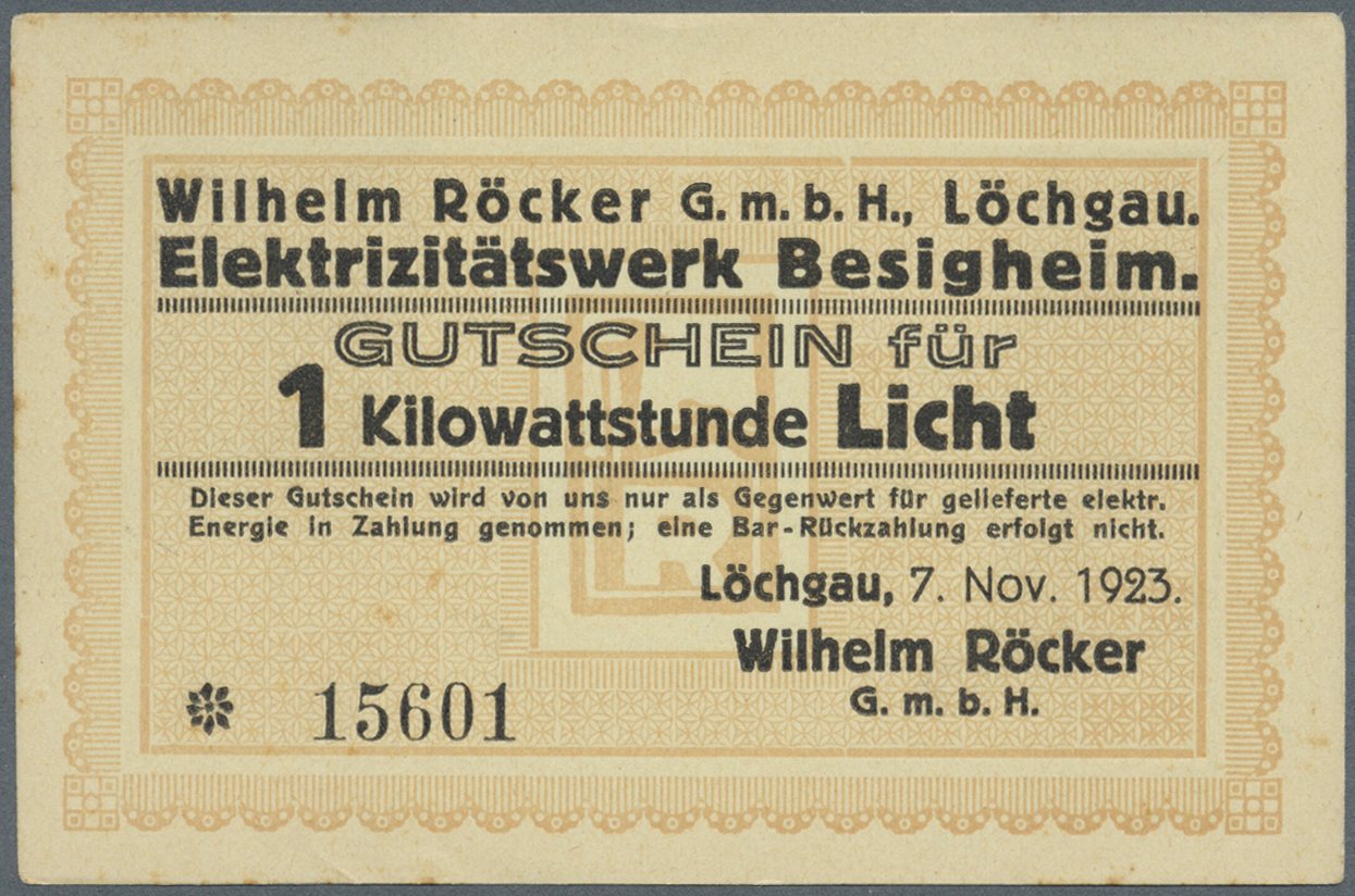 04305 Deutschland - Notgeld - Württemberg: Löchgau, Wilhelm Röcker GmbH, Elektrizitätswerk Besigheim, 1 Kilowattstunde L - [11] Emissions Locales