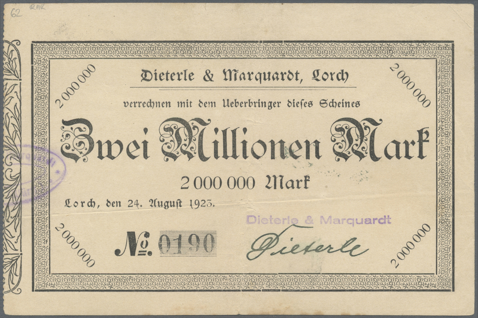 04306 Deutschland - Notgeld - Württemberg: Lorch, Dieterle & Marquardt, 2 Mio. Mark, 24.8.1923, Erh. III - [11] Emissions Locales