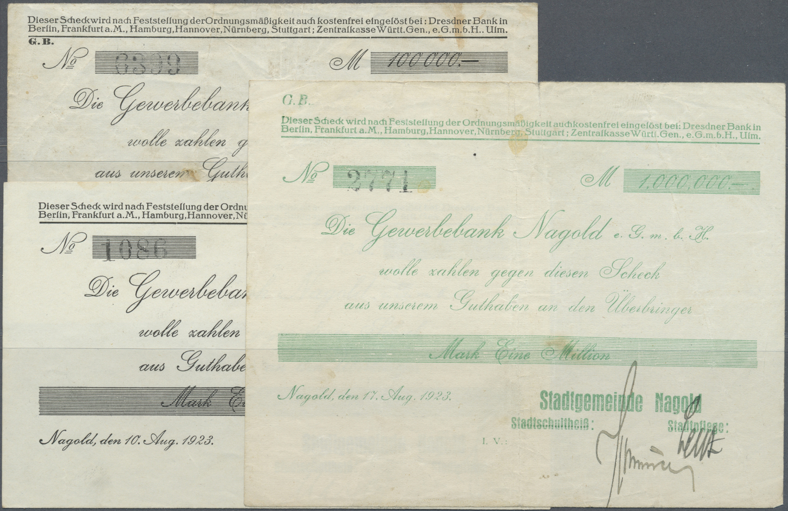 04309 Deutschland - Notgeld - Württemberg: Nagold, Stadtgemeinde, 100 Tsd. Mark, 10.8., 17.8.1923; 1 Mio. Mark, 17.8.192 - [11] Emissions Locales