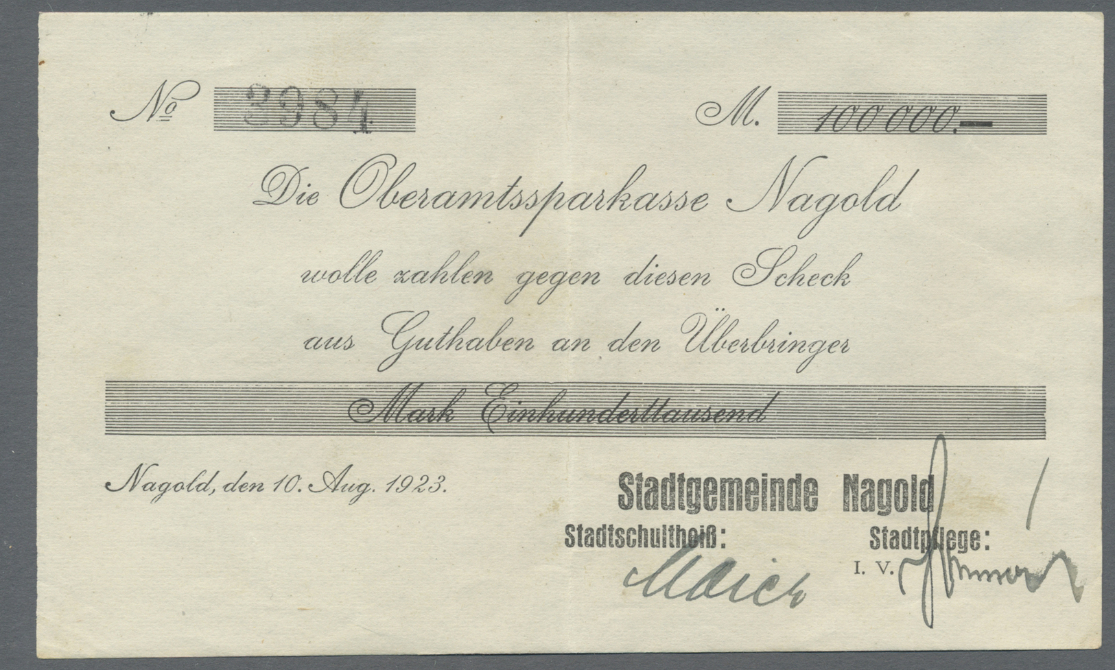 04311 Deutschland - Notgeld - Württemberg: Nagold, Stadtgemeinde, 100 Tsd. (2, Schriftvarianten), 500 Tsd. Mark, 10.8.19 - [11] Emissions Locales