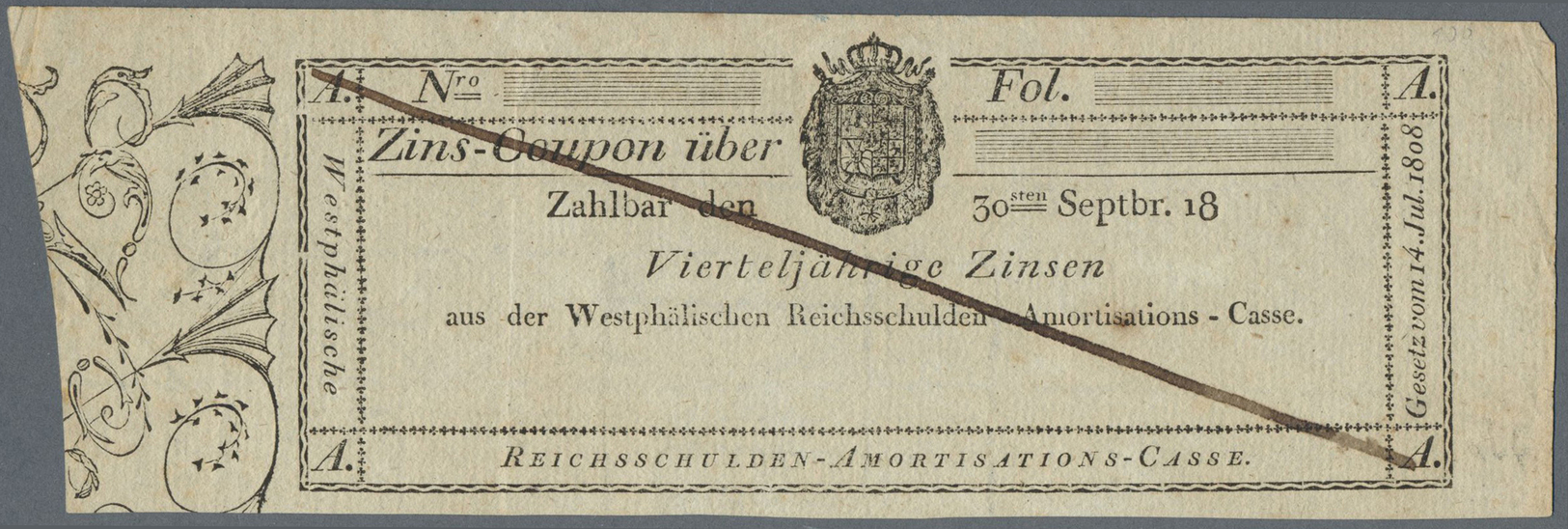 04502 Deutschland - Altdeutsche Staaten: umfangreiches Lot mit 20 Blanco-Zinskupons der Westphälischen Reichsschulden-Am