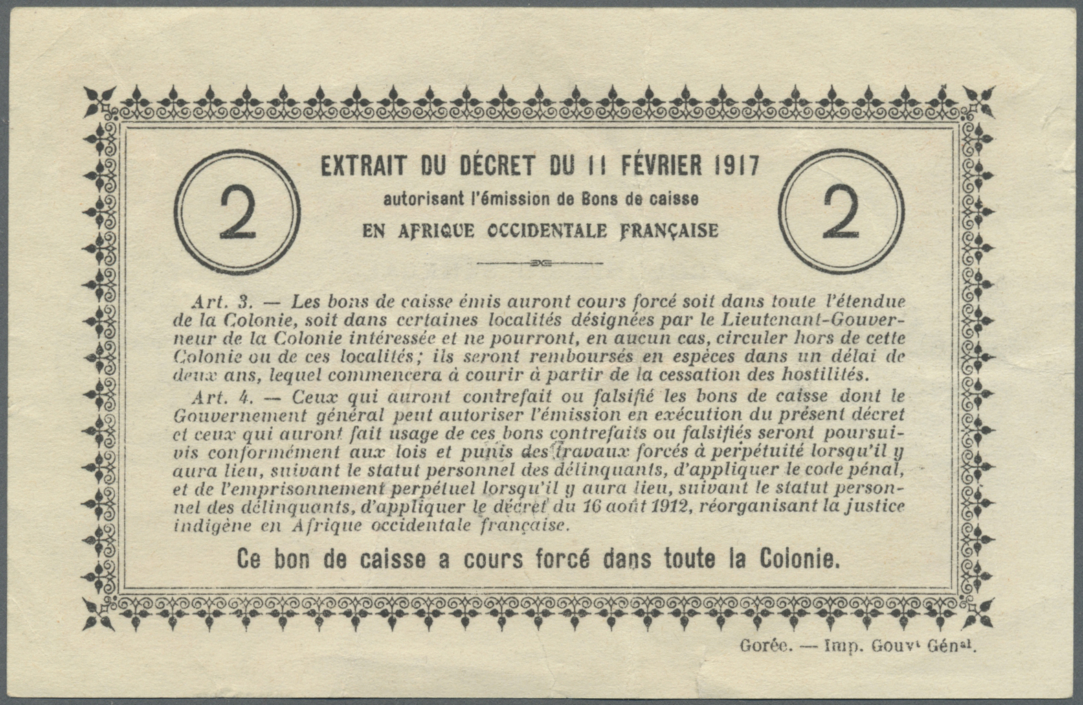 02883 Senegal: Gouvernement Général De L'Afrique Occidentale Française, Colonie Du Senegal 2 Francs L.11.02.1917, P.3c, - Senegal