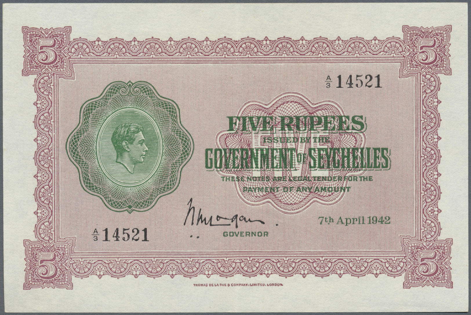 02887 Seychelles / Seychellen: 5 Rupees 1942 P. 8, Only One Very Light Center Fold And A Tiny Dint At Lower Right Corner - Seychelles