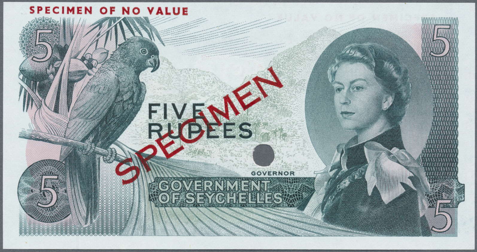 02891 Seychelles / Seychellen: Government Of Seychelles 5 Rupees 1968 Color Trial Specimen, P.14cts With Punch Hole Canc - Seychelles