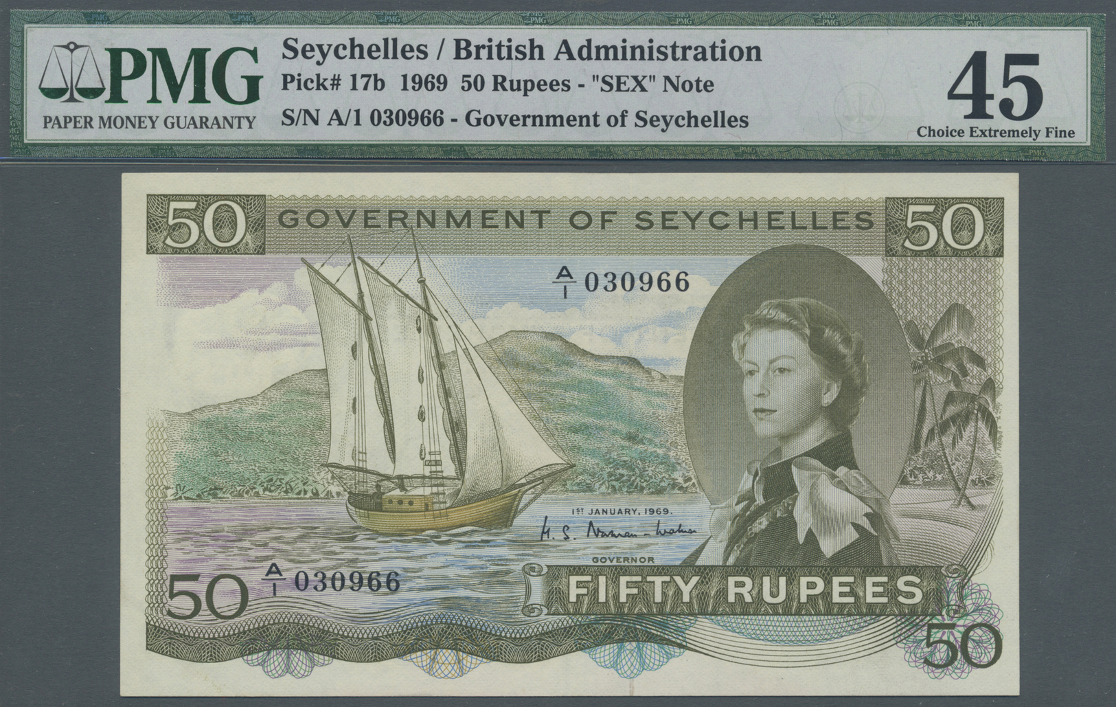 02894 Seychelles / Seychellen: 50 Rupees ND(1969) P. 17b. PMG Graded 45 Choice XF. - Seychelles