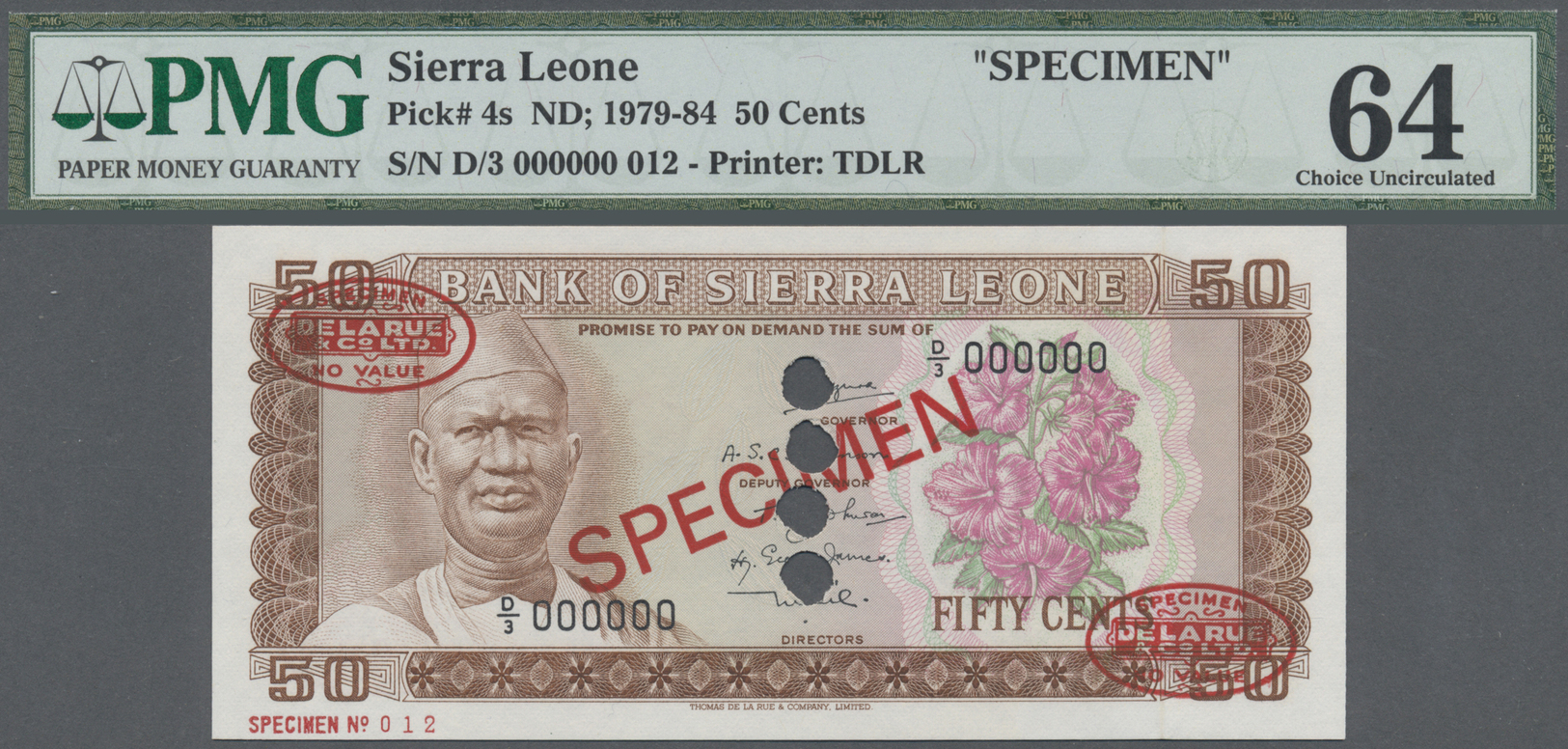 02901 Sierra Leone: 50 Cents ND(1979-84) TDLR Specimen, P.4s With 4 Larger Cancellation Holes At Center And Specimen Num - Sierra Leone