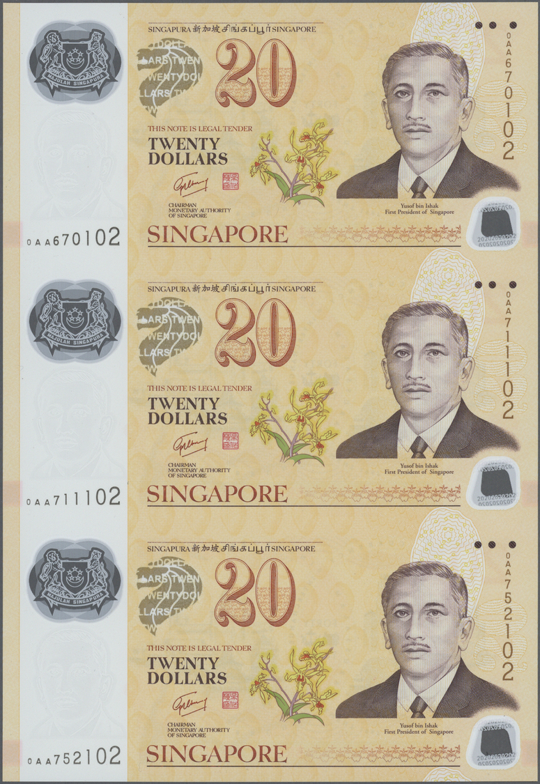 02908 Singapore / Singapur: Set Of 3 Uncut Notes 20 Dollars 2007 P. 53 In Condition: UNC. - Singapour