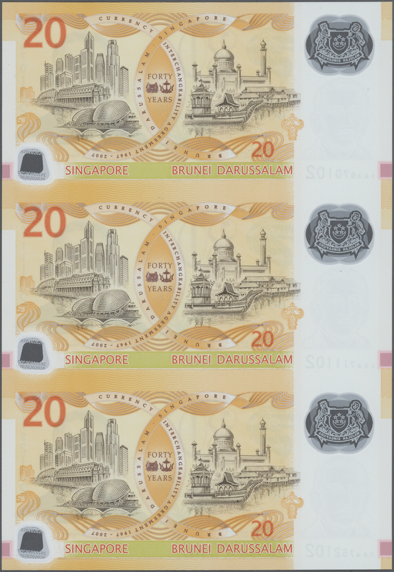 02908 Singapore / Singapur: Set Of 3 Uncut Notes 20 Dollars 2007 P. 53 In Condition: UNC. - Singapour